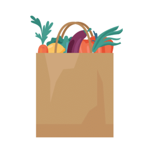 Illustration of a bag of groceries depicting how far your $10 goes versus what St. Joseph's Social Care is able to purchase with $10.